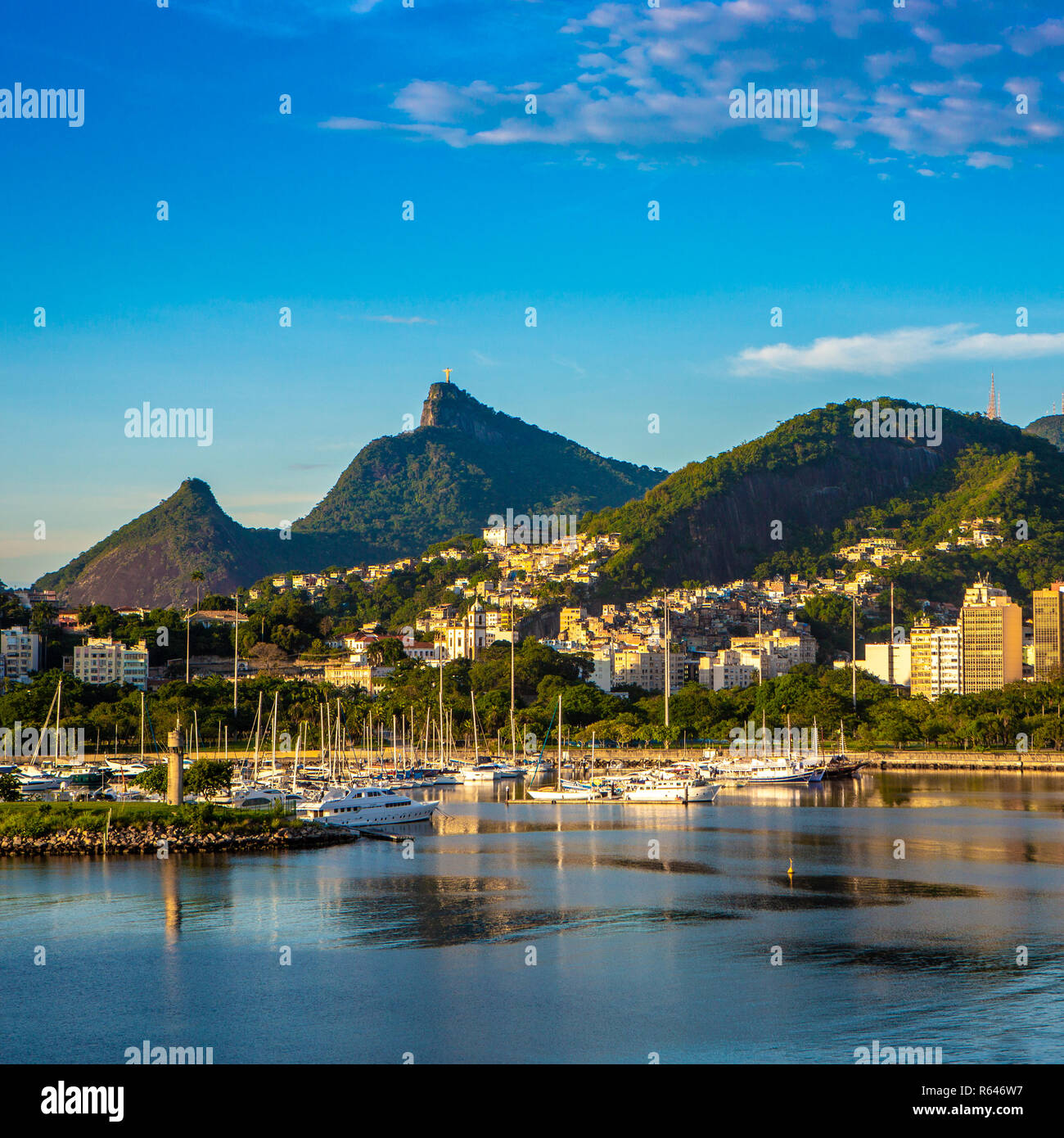Beautiful panoramic view of the city of Rio de Janeiro with corcovado at dawn. Stock Photo