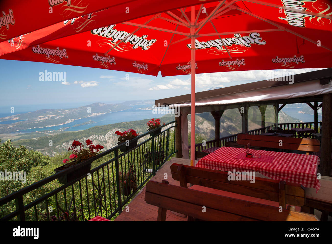 Restaurant terrace with sea view on Kotor bay Stock Photo