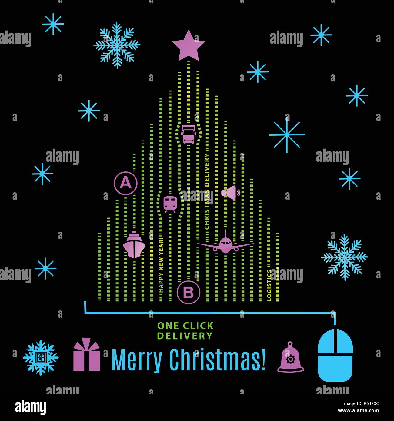 Christmas logistics card. Neon Schematic christmas tree on black background. Pink blue green flat icon. From point A to point B. Stock Vector