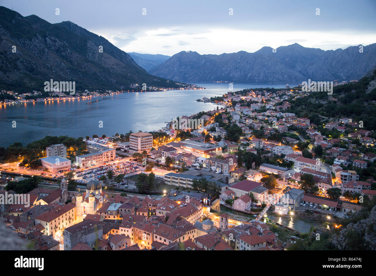 Kotor bay view from above with crouise boat. Stock Photo