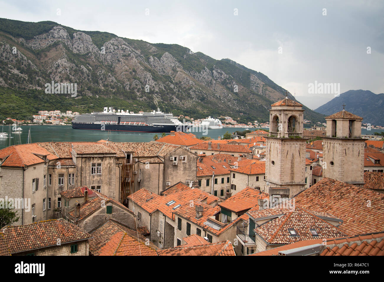 Kotor Montenegro cruise boat in fjord Stock Photo