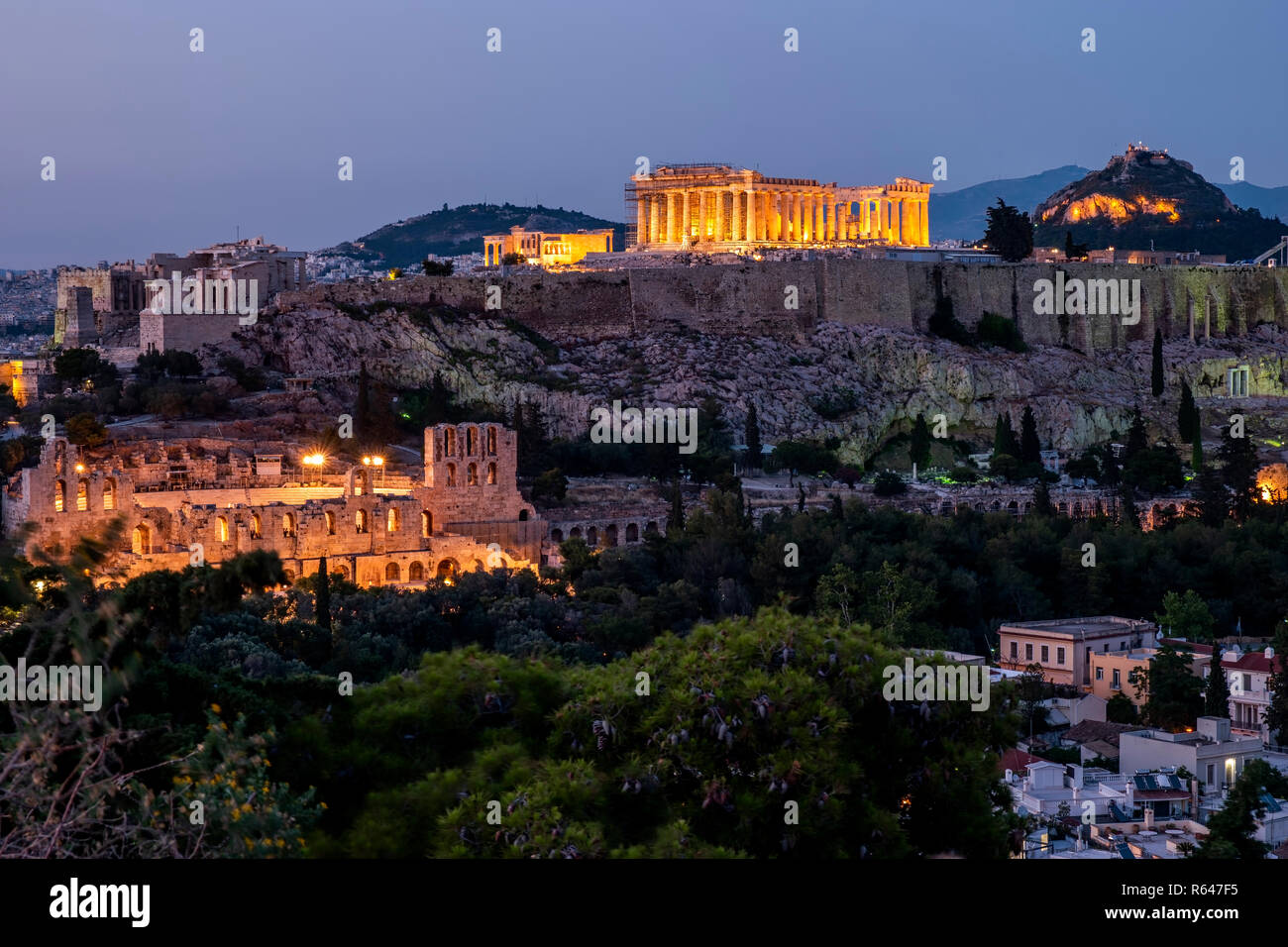 Night view of Acropolis of Athens in Greece Stock Photo