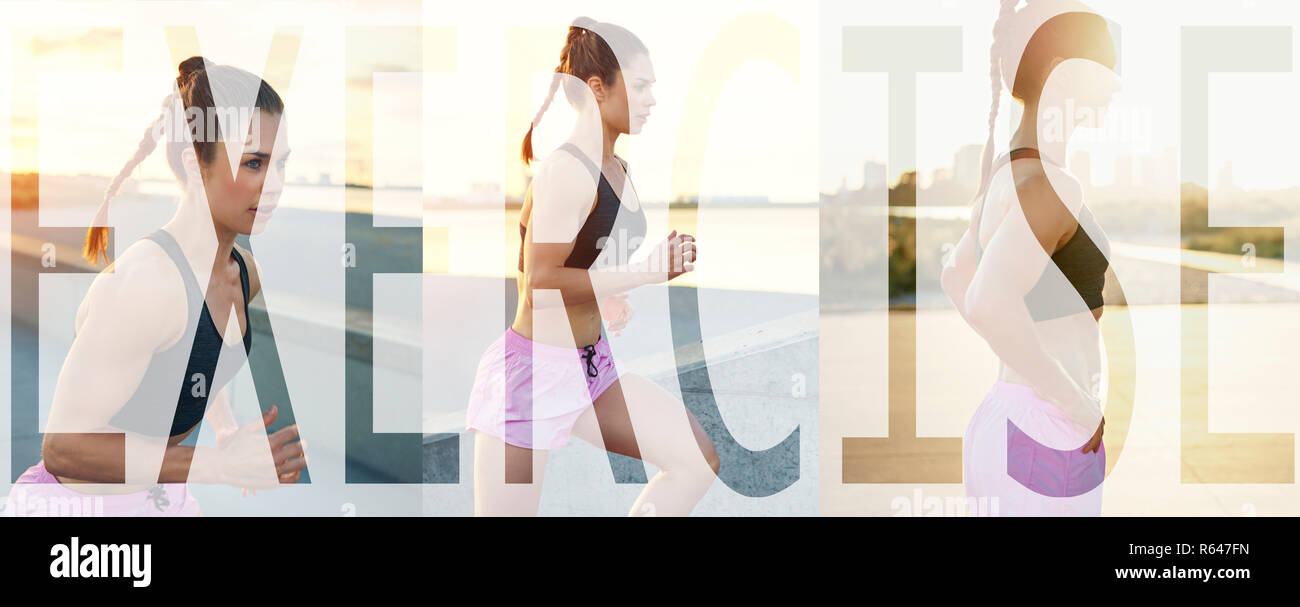 Collage of a fit and focused young woman in exercise clothing out for a