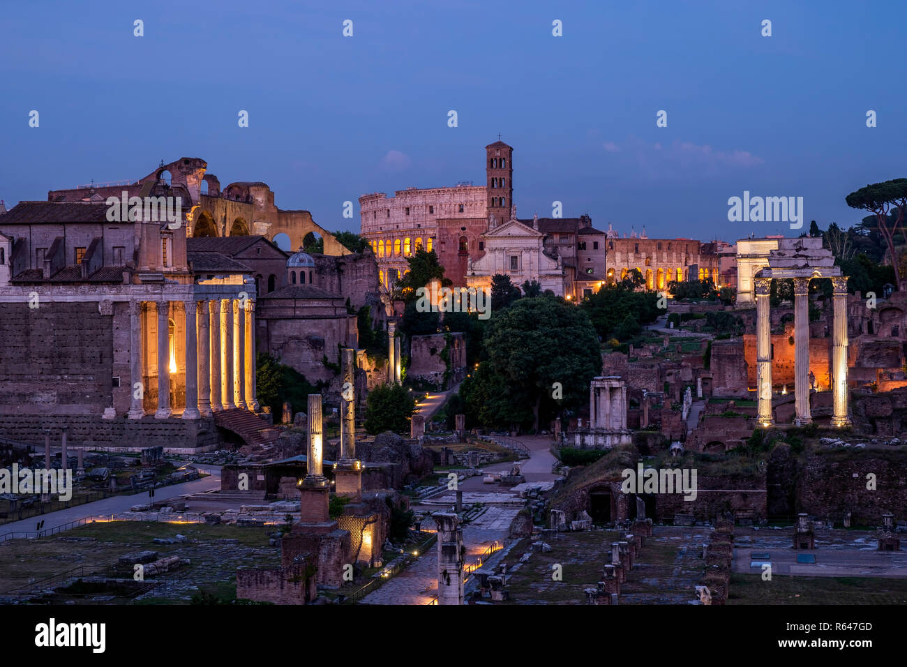 Forum Romanum in Rome at Night Stock Photo