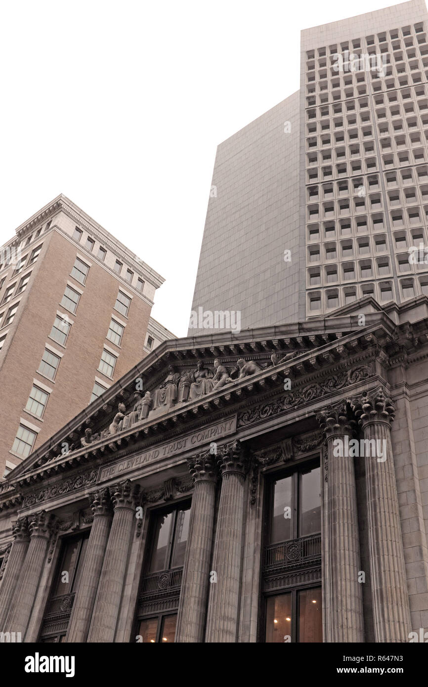 Cleveland architecture examples include the Chicago School Style Swetland, Brutalist Style Cleveland Trust Tower, and Neoclassical Cleveland Trust. Stock Photo