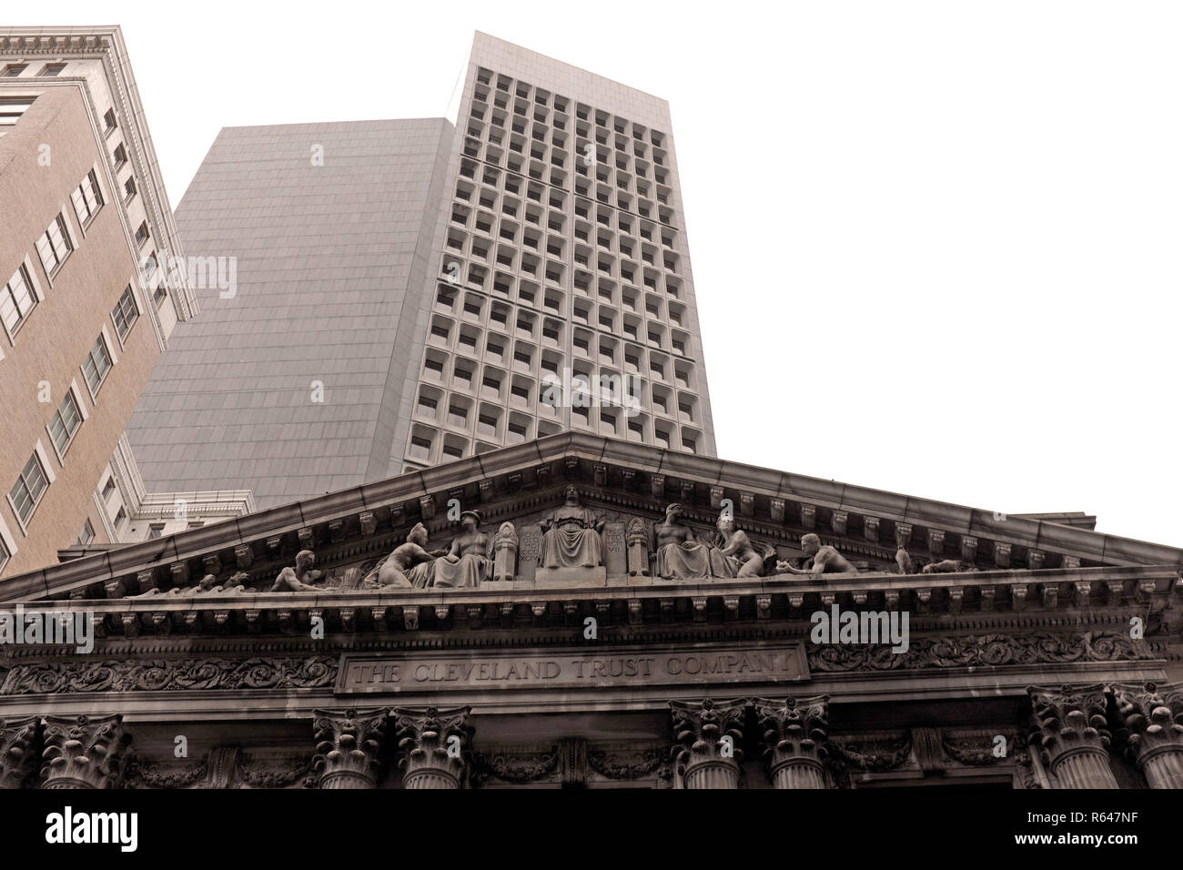 The Cleveland Trust Company building sculpted pediment has been a part of this historic landmark buildings since opening in 1907 in downtown Cleveland Stock Photo