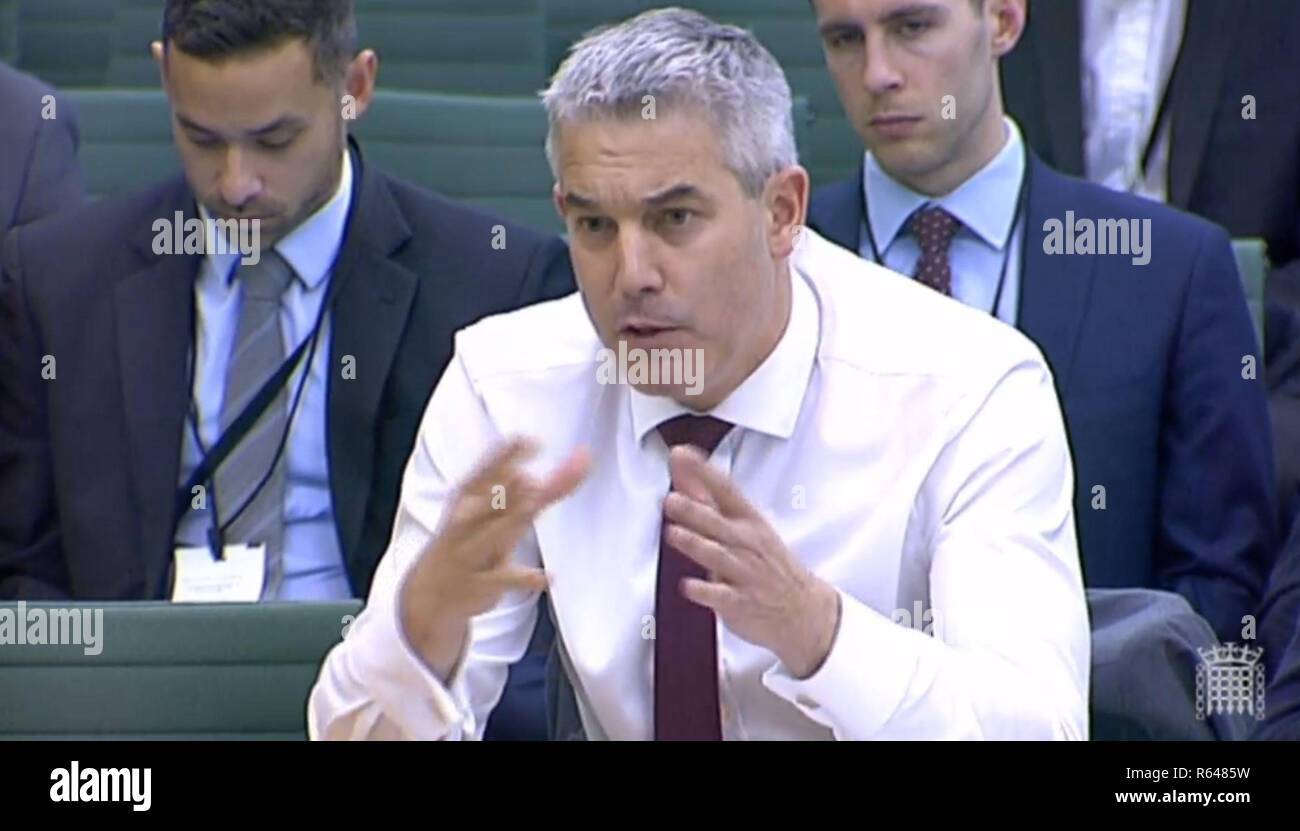 Brexit Secretary Stephen Barclay gives evidence before the Exiting the European Union Committee on the progress of the UK's negotiations on EU withdrawal at Portcullis House, London. Stock Photo