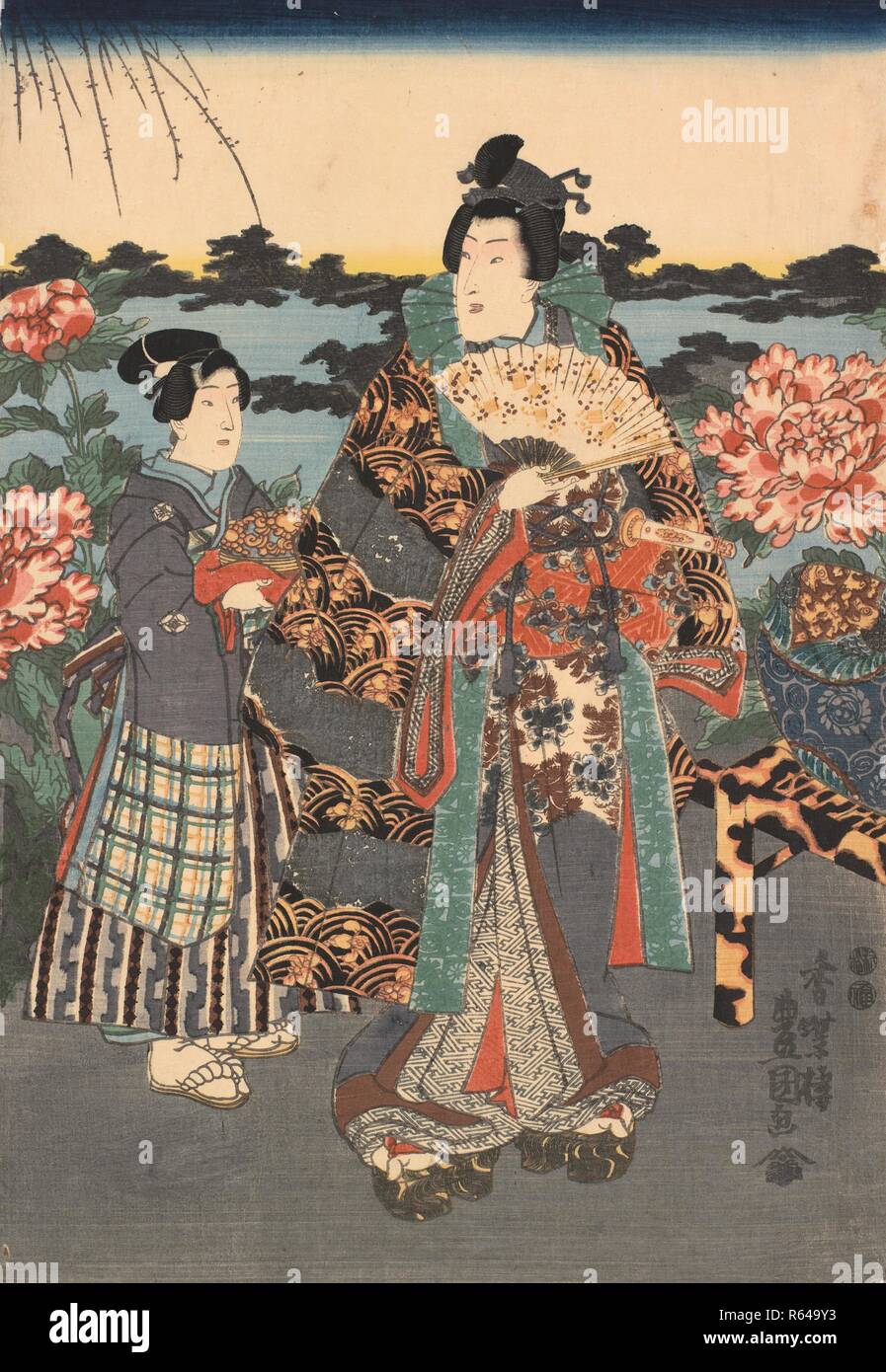 Rustic Genji and Boy Attendant, middle sheet of the triptych Admiring the Peony Garden. Date: 1849-1851. Dimensions: 38 cm x 26 cm. Museum: Van Gogh Museum, Amsterdam. Author: KUNISADA, UTAGAWA. Stock Photo