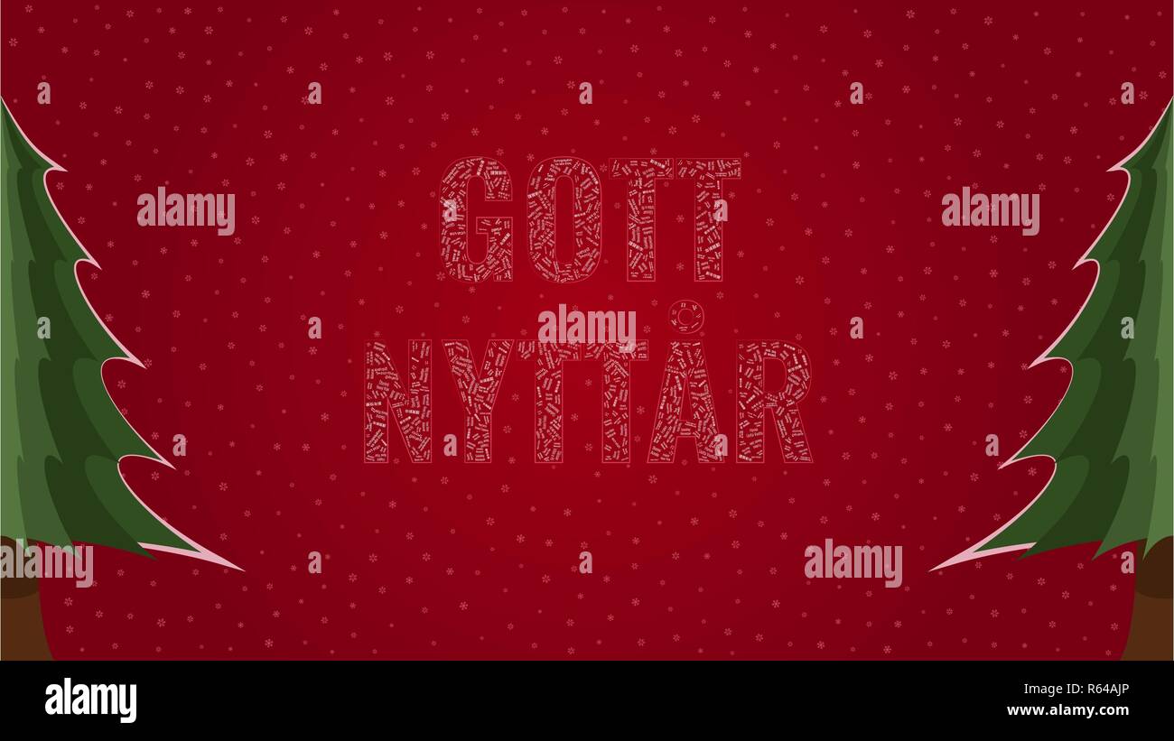 Happy New Year text in Swedish 'Gott Nytt Ar' filled with 'Happy New Year' text in many different laguages on a red snowy background with pine trees o Stock Vector