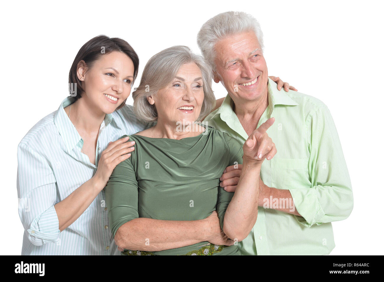 Happy senior parents with daughter, on white background Stock Photo