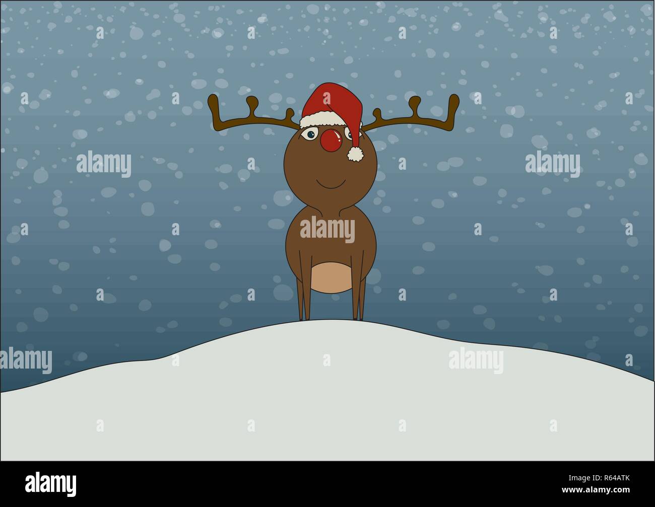 Cute reindeer in falling snow. Stock Vector