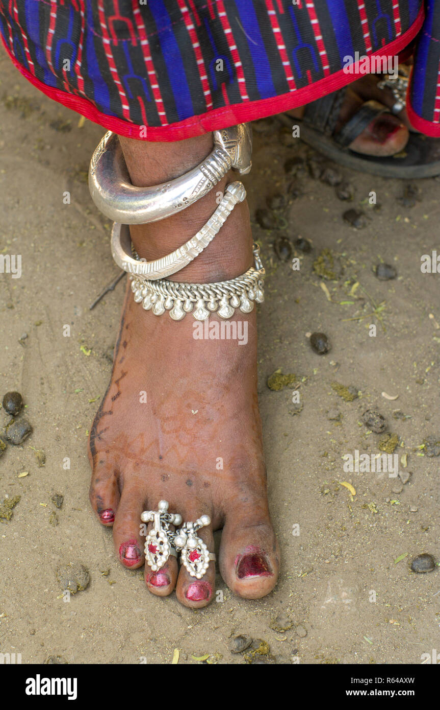 Rabari tribal woman foor with silver jewellry Stock Photo