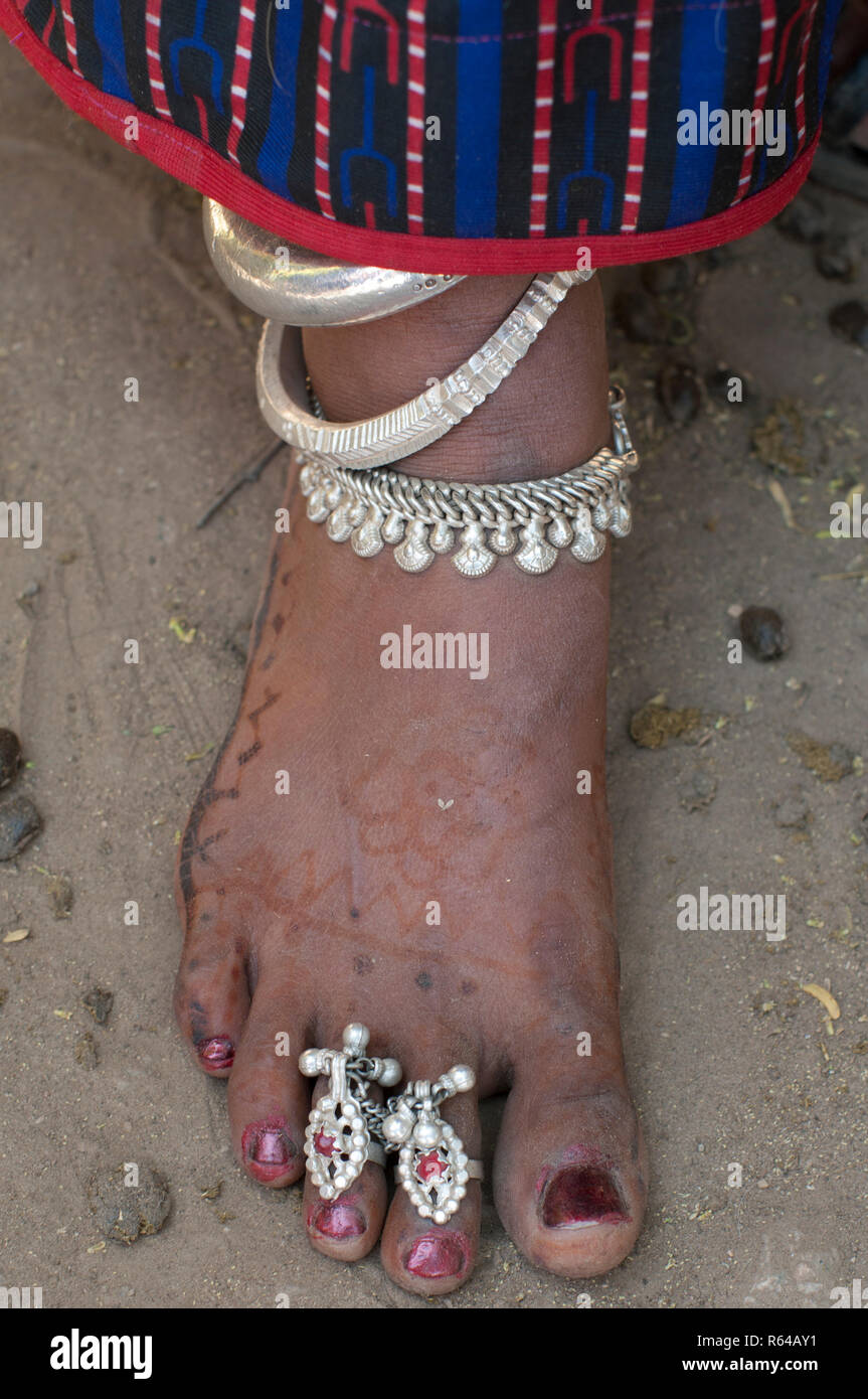 Rabari tribal woman foor with silver jewellry Stock Photo