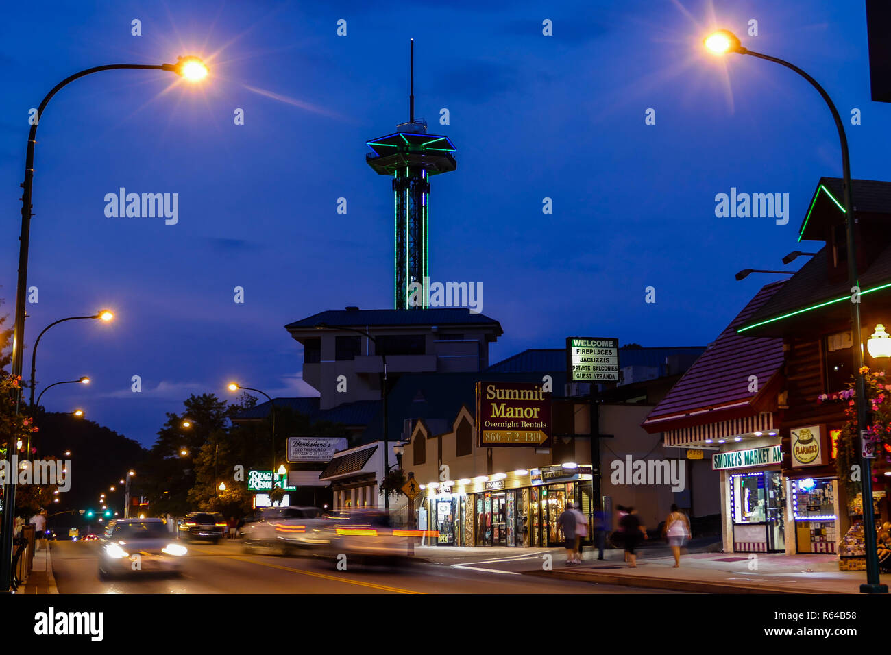 GATLINBURGAUGUST 8 Evening street lights in Gatlinburg, Tennessee, USA on August 8, 2016 Stock