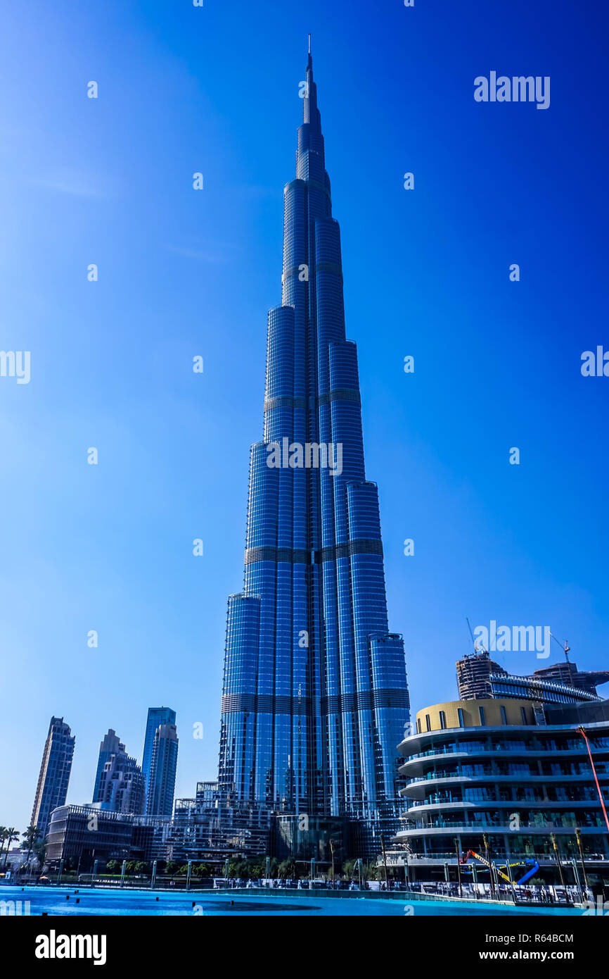 Dubai Burj Khalifa Tower Frontal Full View with Picturesque Blue Sky  Background Stock Photo - Alamy