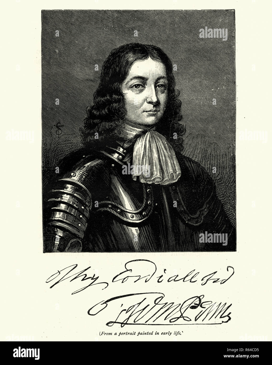 Vinatge engraving of William Penn, (14 October 1644 – 30 July 1718) was the son of Sir William Penn, and was an English nobleman, writer, early Quaker, and founder of the English North American colony the Province of Pennsylvania. Stock Photo