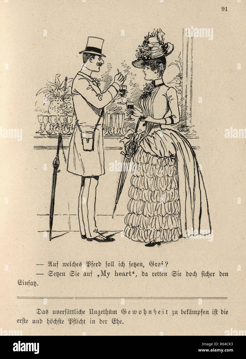 Vintage engraving of a Victorian cartoon of a a man and woman flirting and drinking wine, 19th Century German Stock Photo