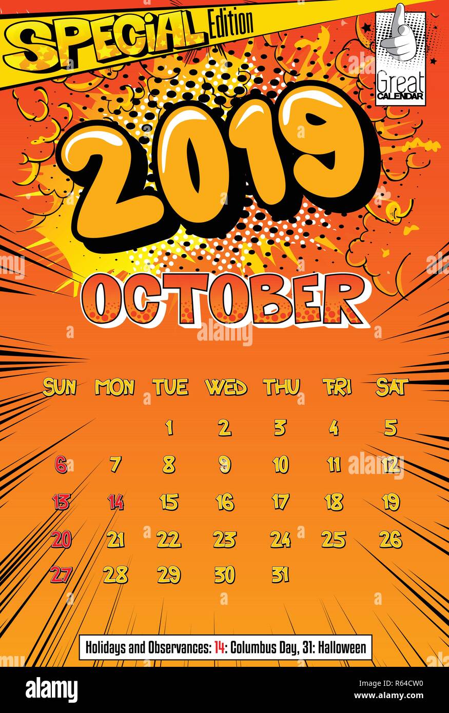 2019 retro style comic book calendar template For October. Pop art
