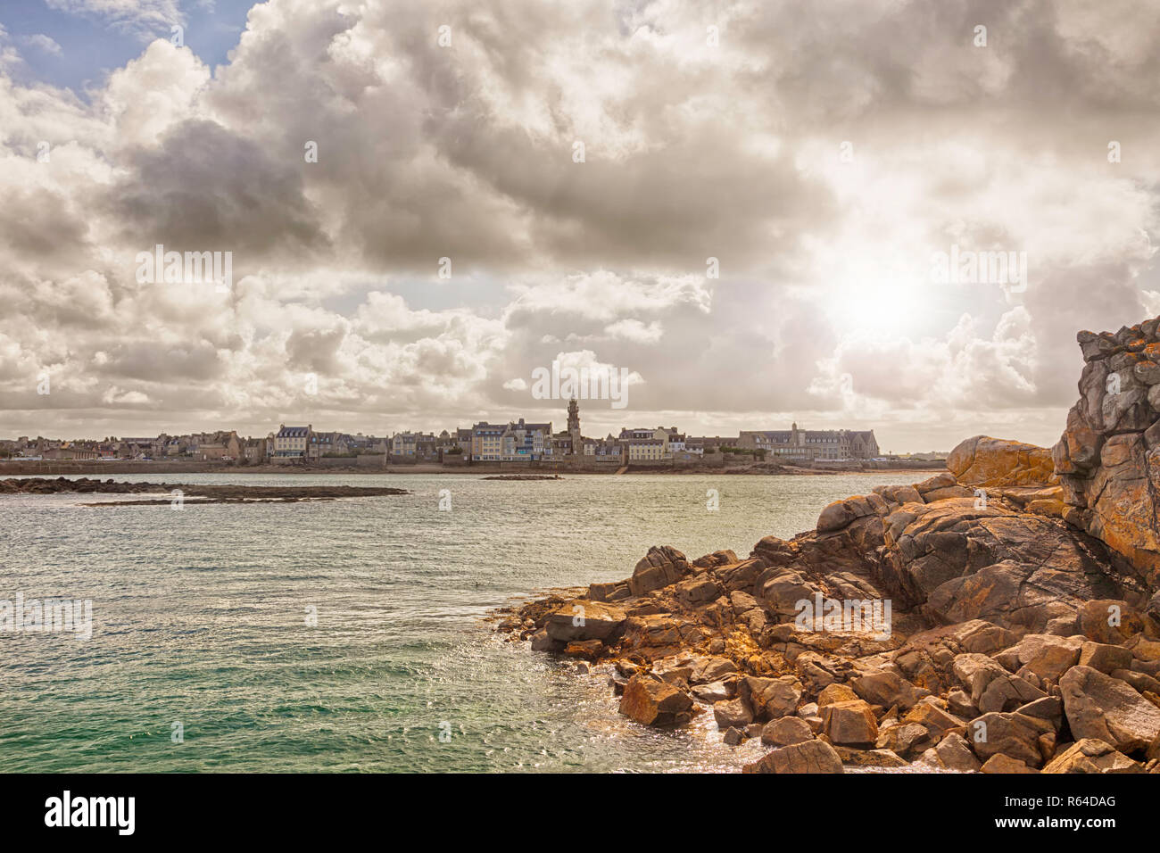 Old town of Roscoff as seen from the old seabridge Stock Photo