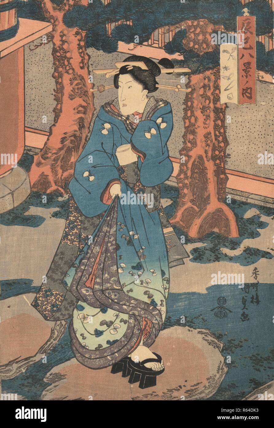 Courtesan Going Out, right sheet of the triptych Seeing off at Nakacho, from the print series Eight Views of Tatsumi. Date: 1840-1842. Dimensions: 38 cm x 26 cm. Museum: Van Gogh Museum, Amsterdam. Author: KUNISADA, UTAGAWA. Stock Photo