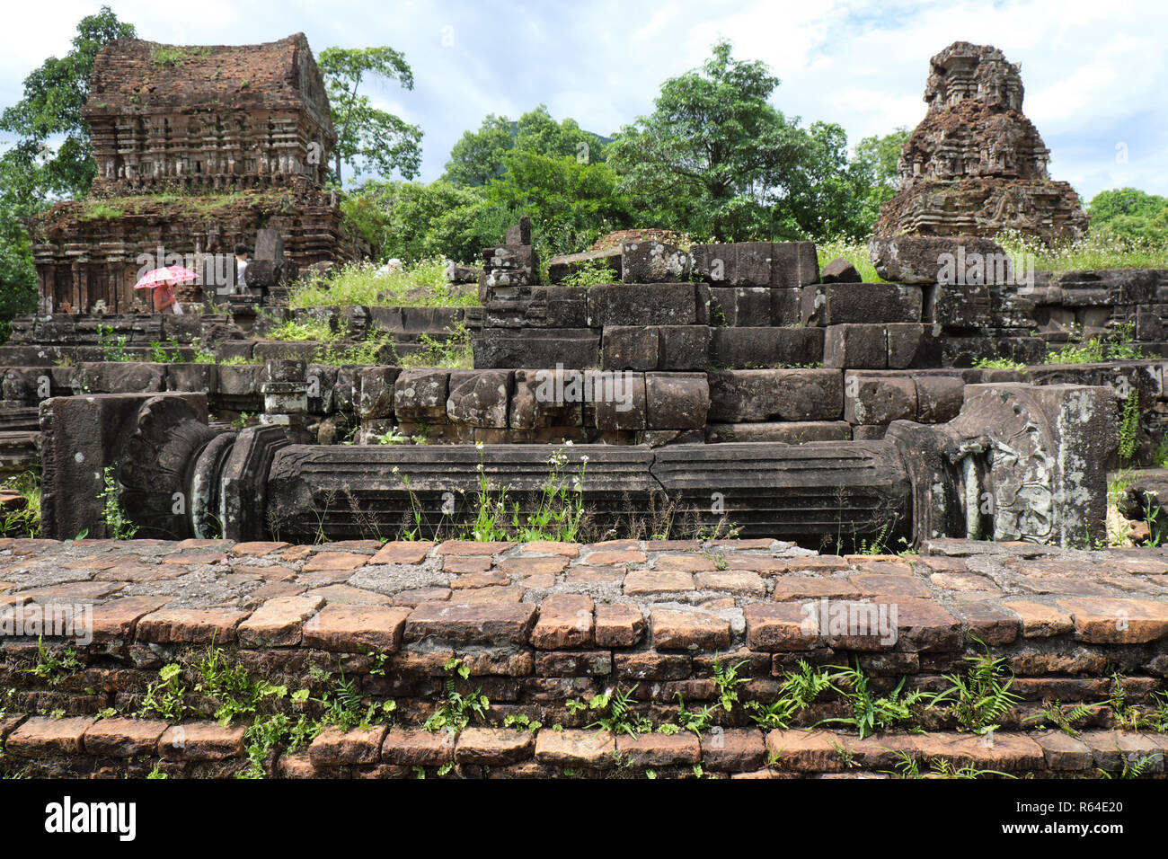 My Son Vietnam - ancient columns and stonework among the the ruins of Hindu temples of the Champa dynasty Stock Photo