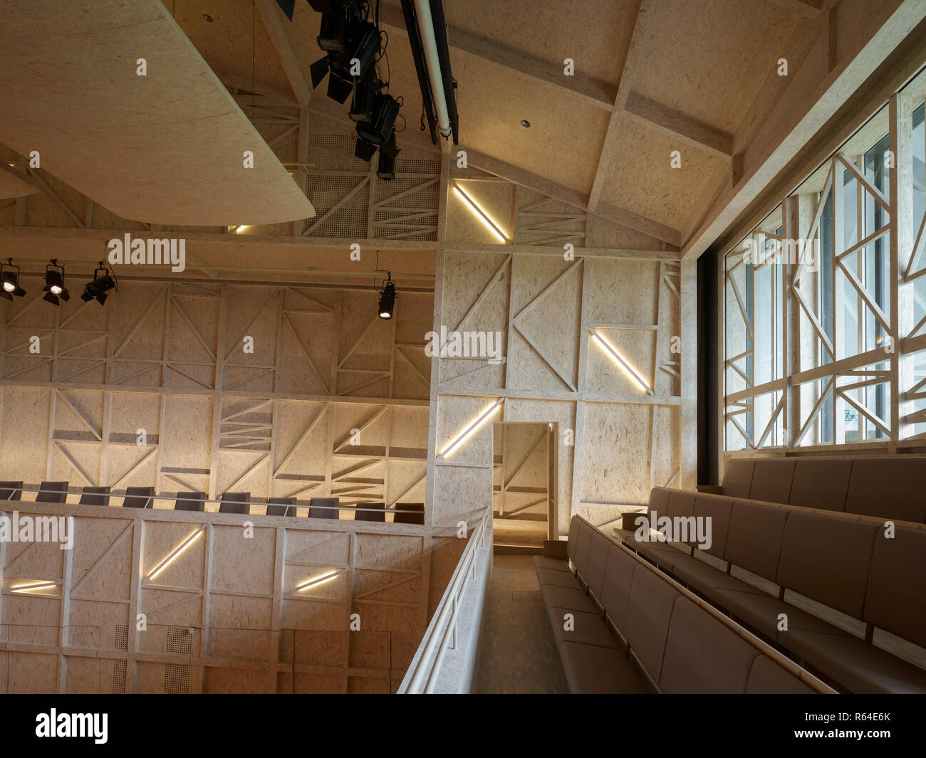 Upper floor gallery of Concert Hall. Auditorium Carnal Hall at Le Rosey, Rolle, Switzerland. Architect: Bernard Tschumi, 2015. Stock Photo