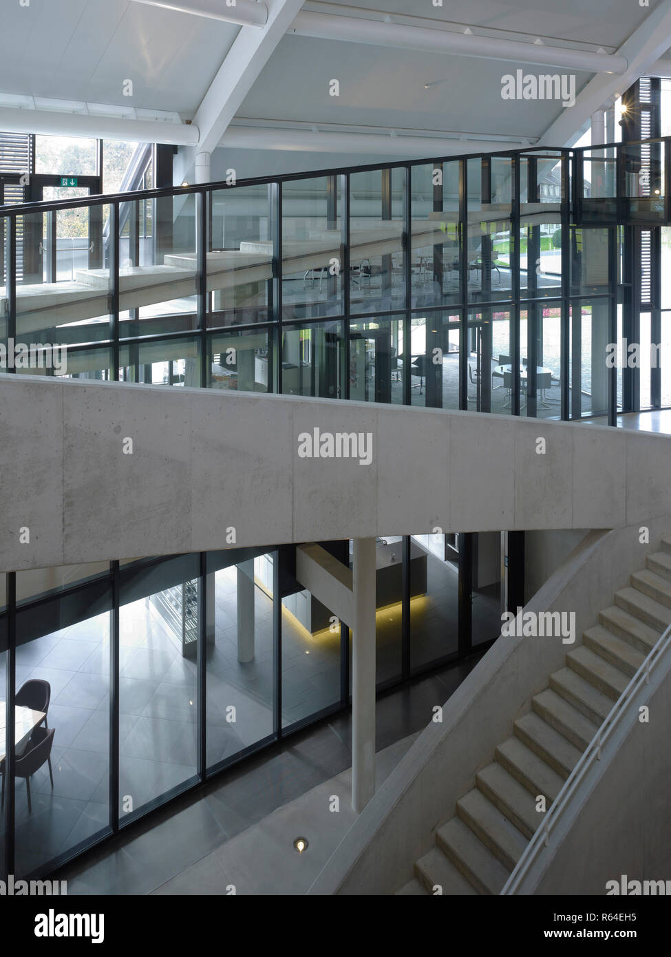 Elevated view across stairways with cafeteria. Auditorium Carnal Hall ...