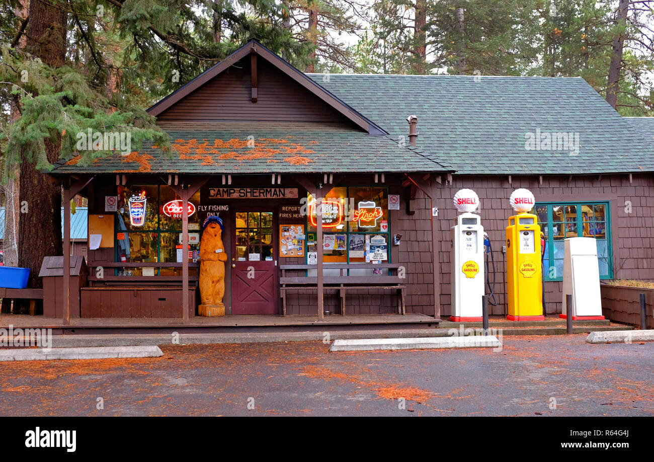 The front facade of the historic 100 year old Camp Sherman Store, in Camp Sherman, Oregon, along the Metolius River in the Cascade Mountains. Stock Photo