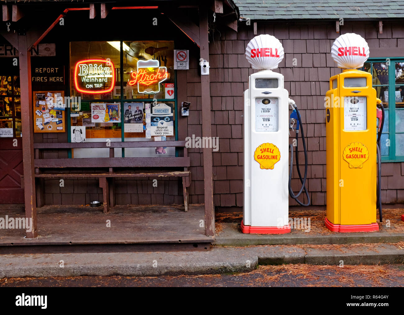 The front facade of the historic 100 year old Camp Sherman Store, in Camp Sherman, Oregon, along the Metolius River in the Cascade Mountains. Stock Photo