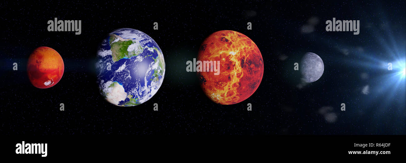 the rocky inner planets, solar system's Mercury, Venus, Earth and Mars size comparison Stock Photo