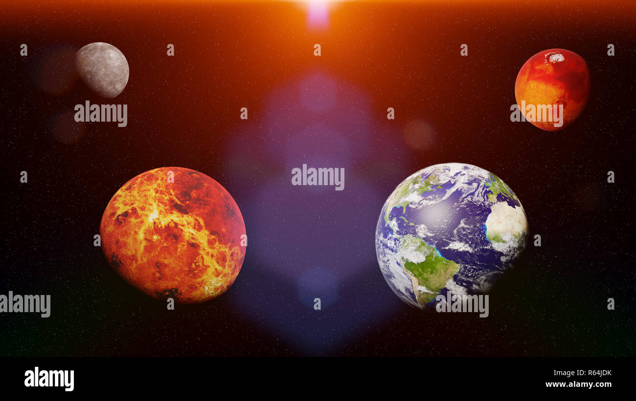 the solid inner planets, solar system's Mercury, Venus, Earth and Mars size comparison Stock Photo