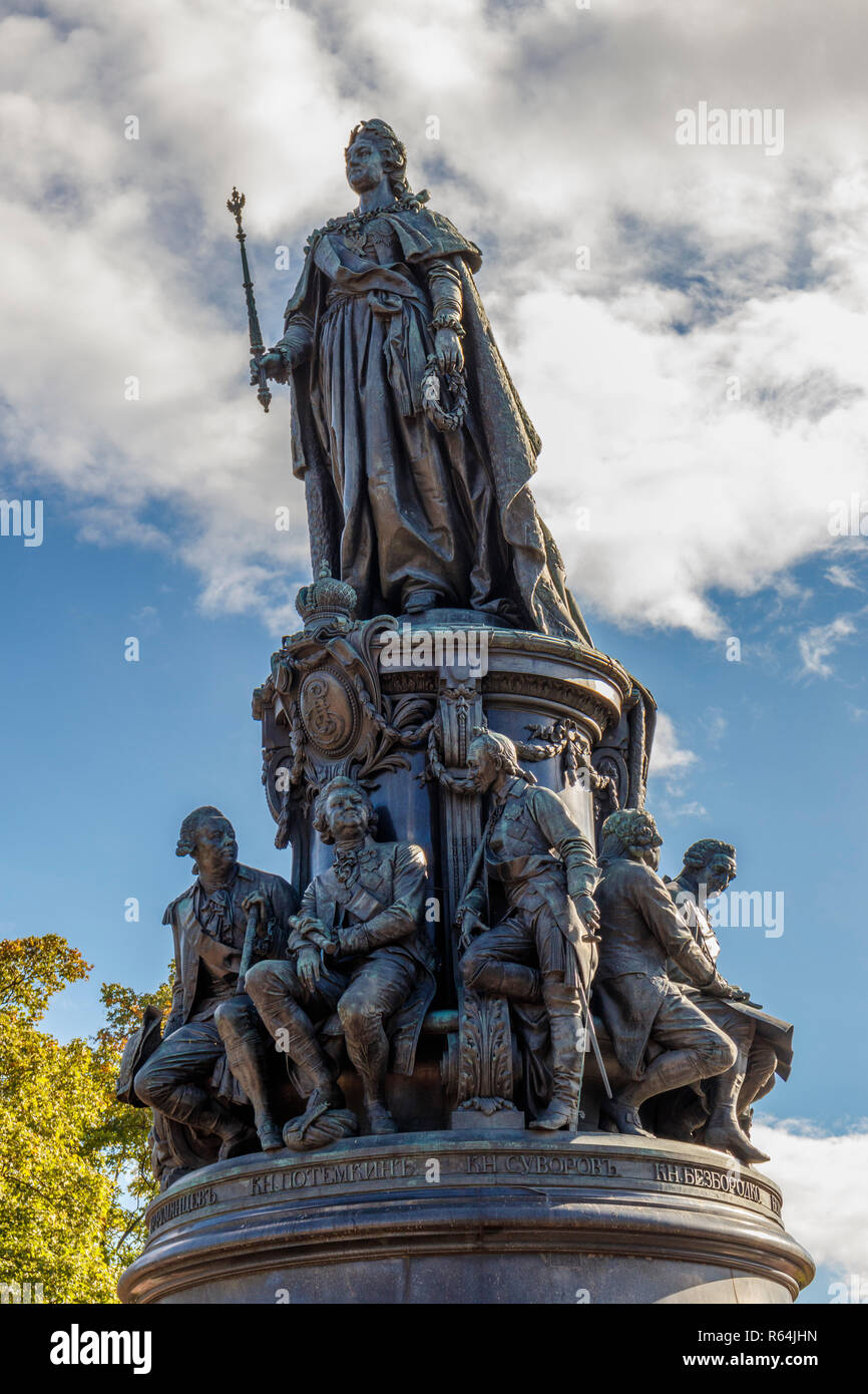 1873 statue of Catherine the Great, surrounded by important figures during her reign. Ostrovskogo Square, Nevsky Prospekt, St Petersburg, Russia. Stock Photo