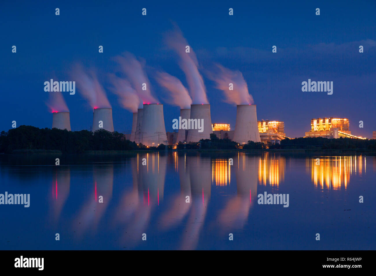 Jänschwalde / Jaenschwalde lignite-fired power station at night, third-largest brown coal power plant in Germany at Brandenburg, Spree-Neiße Stock Photo