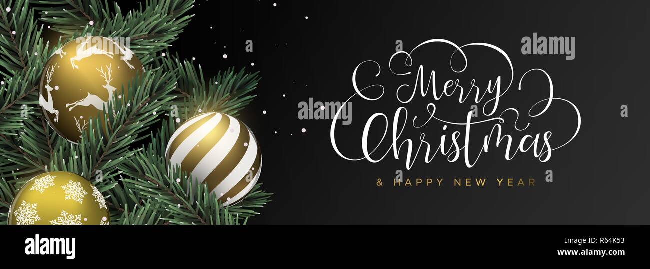 Merry Christmas Happy New Year Web Banner Gold Xmas Bauble