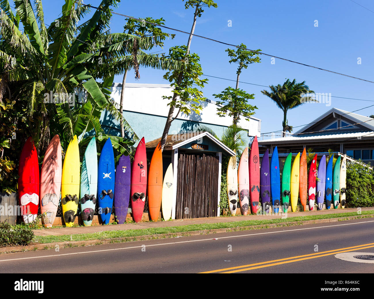 Hawaiian surfing fence Stock Photo