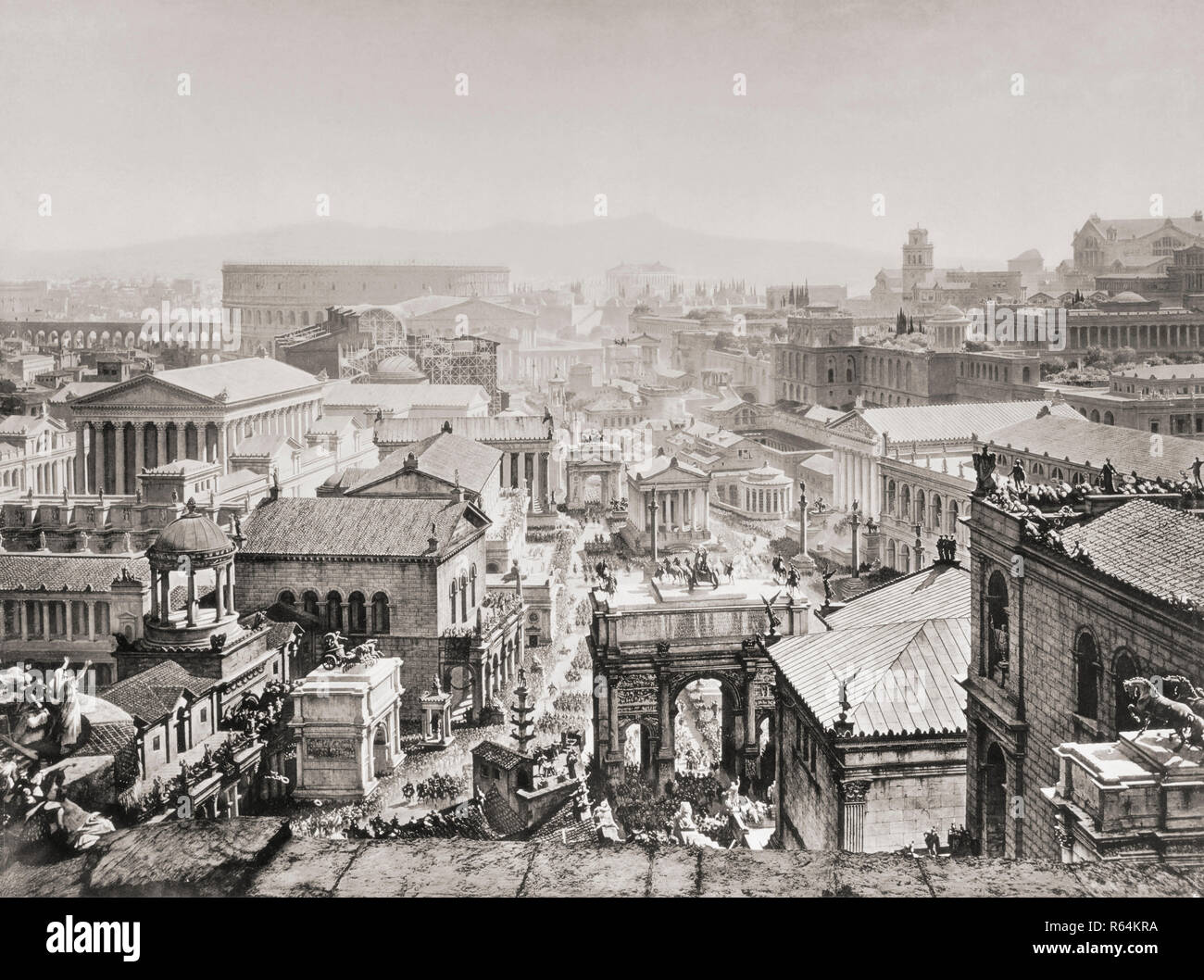 The Roman Forum, centre, the Palatine (right) and the Colosseum (background, left) as they may have appeared in Rome in 312 AD.  After a section of a panoramic painting of Rome created by Professor J. Bühlmann and Alexander Wagner and published in leporello, or fold-out, book form in Munich, 1892, titled Das Alte Rom mit dem Triumphzuge Kaiser Constantin's im Jahre 312 Stock Photo