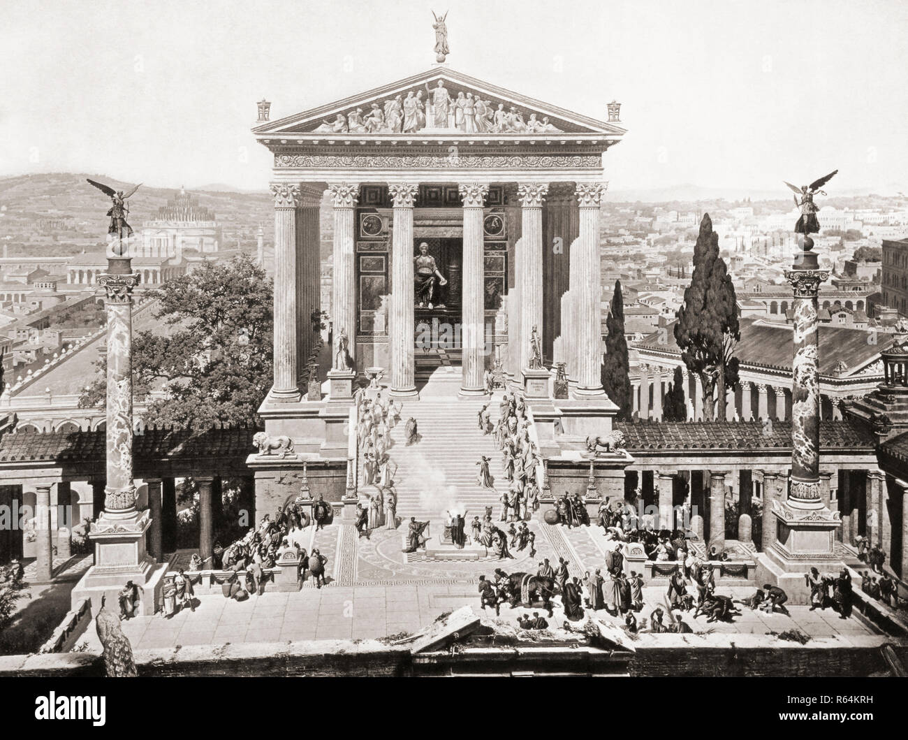 The Temple of Juno Moneta, as it may have appeared in Rome in 312 AD.  After a section of a panoramic painting of Rome created by Professor J. Bühlmann and Alexander Wagner and published in leporello, or fold-out, book form in Munich, 1892, titled Das Alte Rom mit dem Triumphzuge Kaiser Constantin's im Jahre 312 Stock Photo