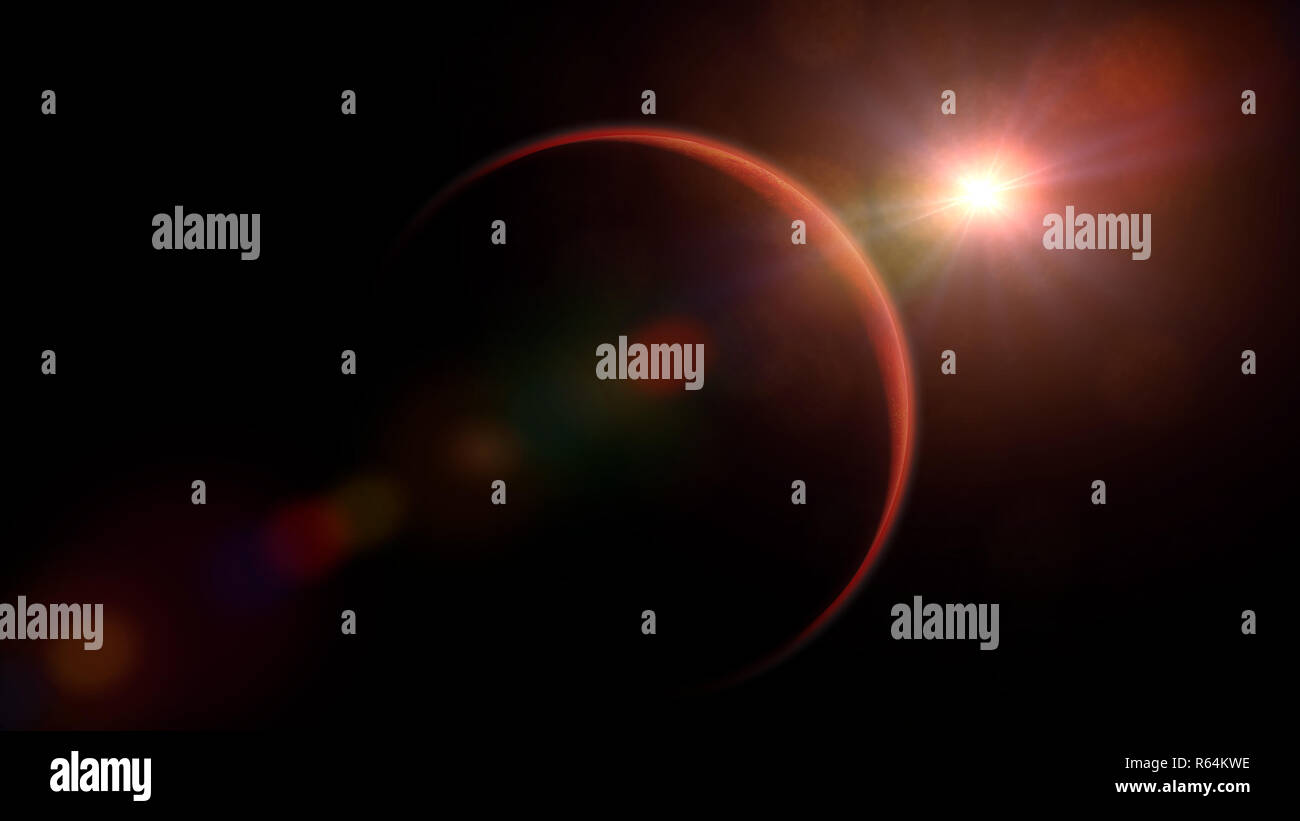 sunrise over planet Mars, the red planet with visible atmosphere (3d ...