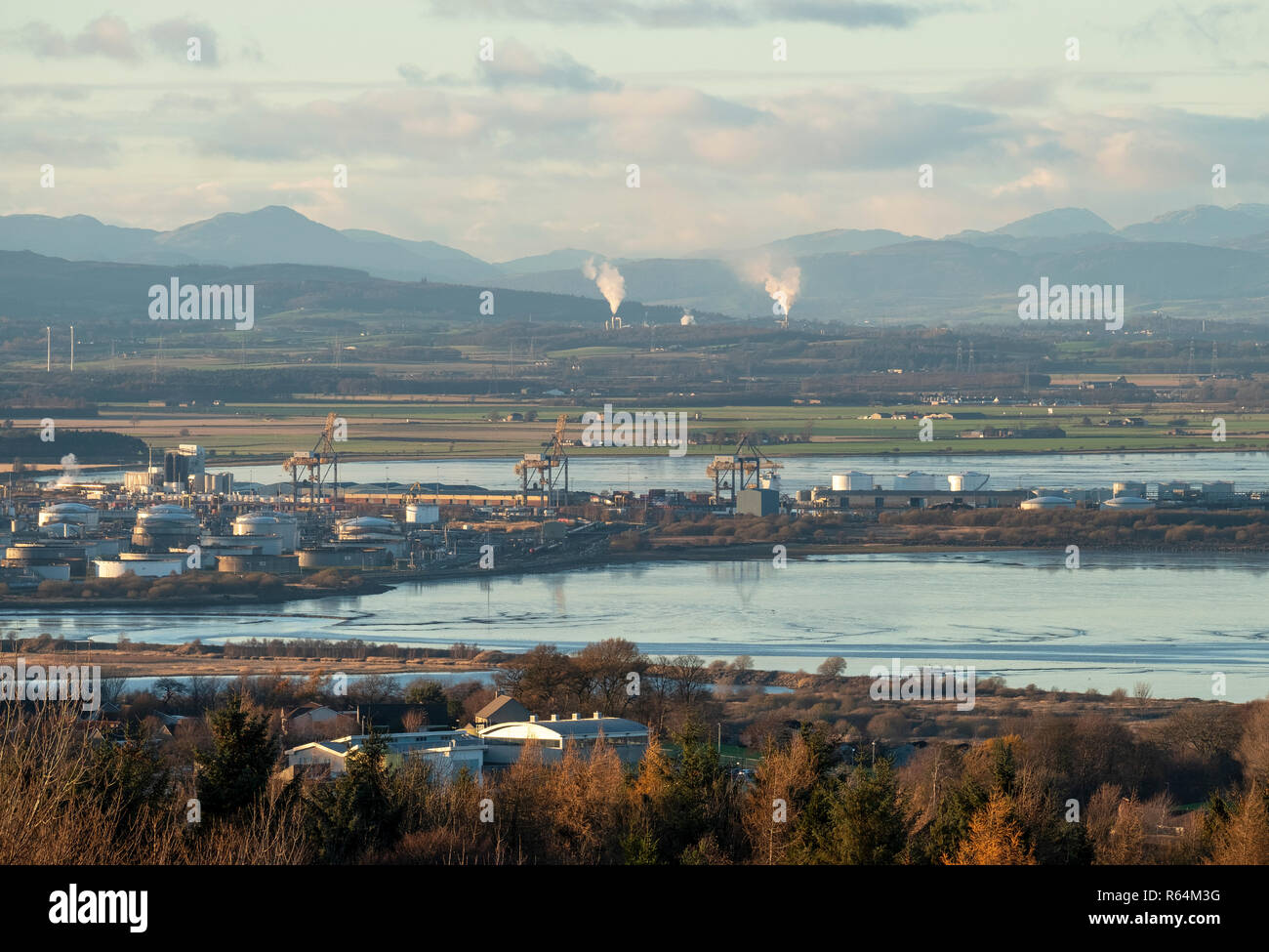 A view looking west over the Grangemouth oil refinery and the Firth of Forth estuary, Scotland. Stock Photo