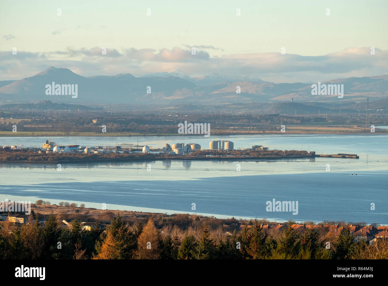 A view looking west over the Grangemouth oil refinery and the Firth of Forth estuary, Scotland. Stock Photo
