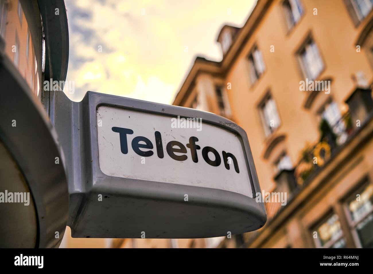 sign for a telephone booth in the city center of dresden Stock Photo