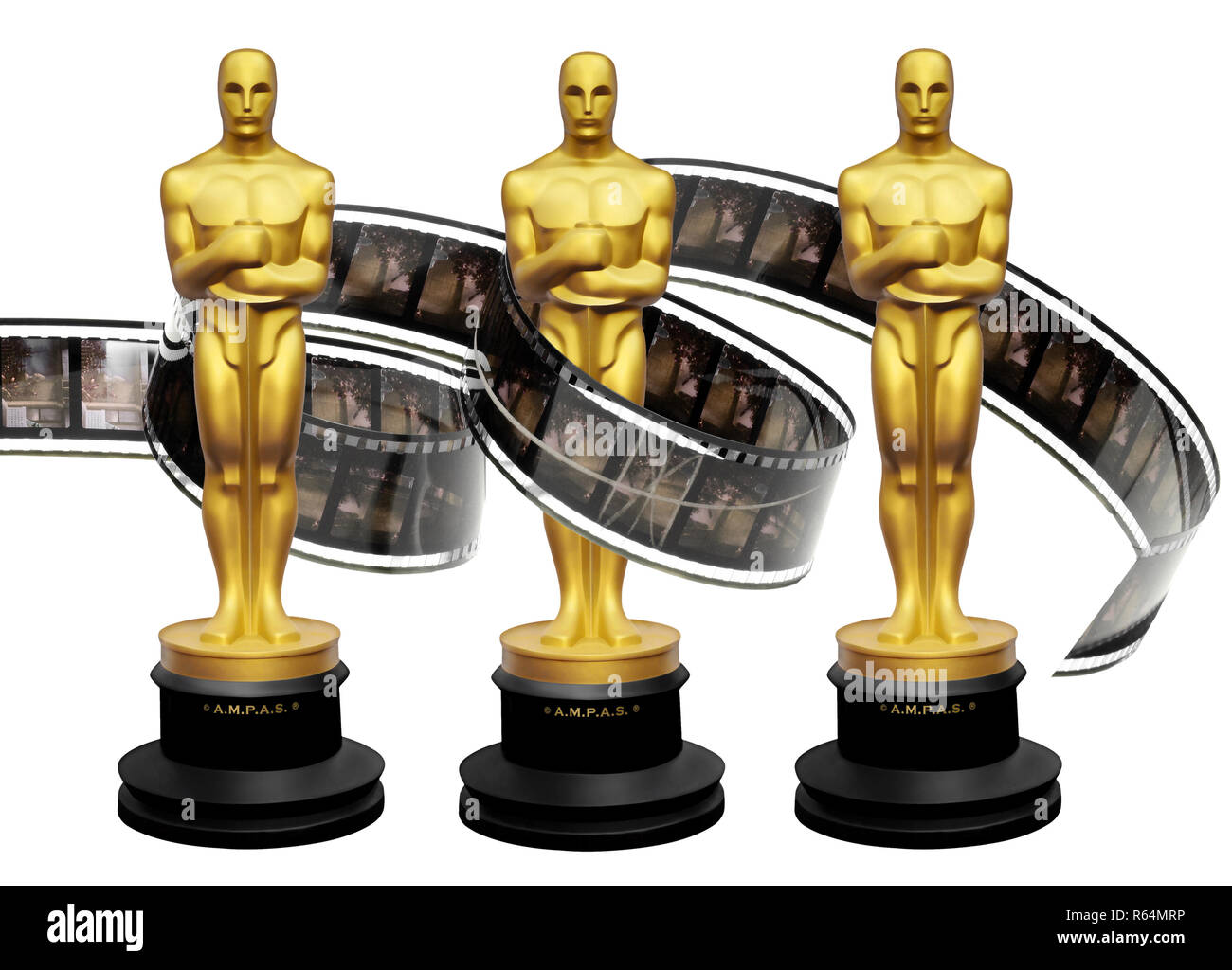 Three Oscars awards with movie film curling up and wrapping golden statuettes around. 3D render isolated on white background Stock Photo