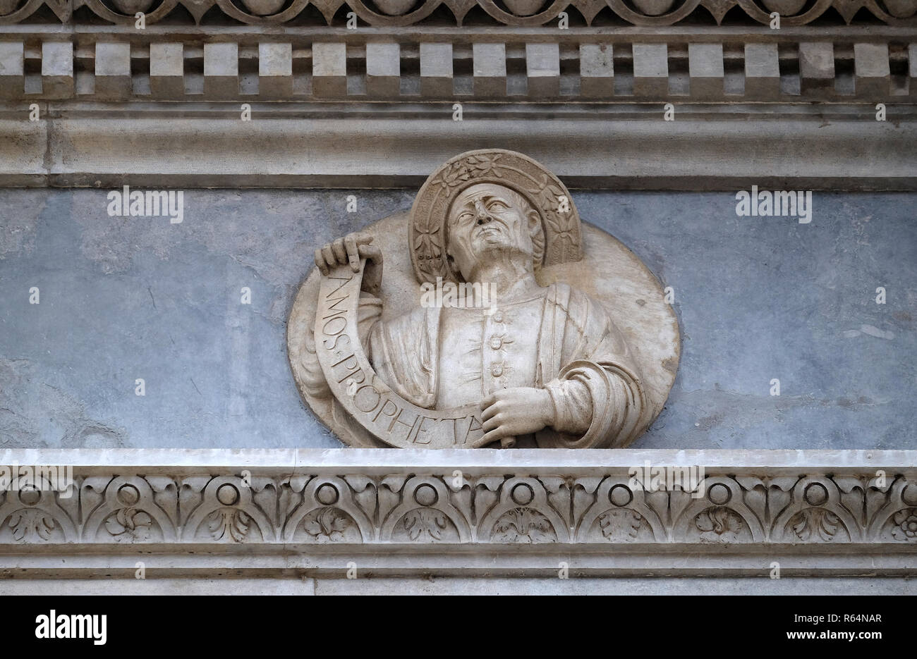 Prophet Amos, relief on the portal of the Cathedral of Saint Lawrence in Lugano, Switzerland Stock Photo