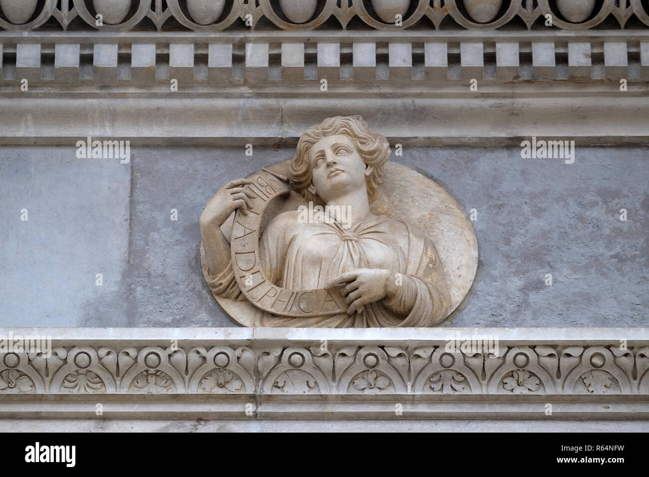 Delphic Sibyl, relief on the portal of the Cathedral of Saint Lawrence in Lugano, Switzerland Stock Photo