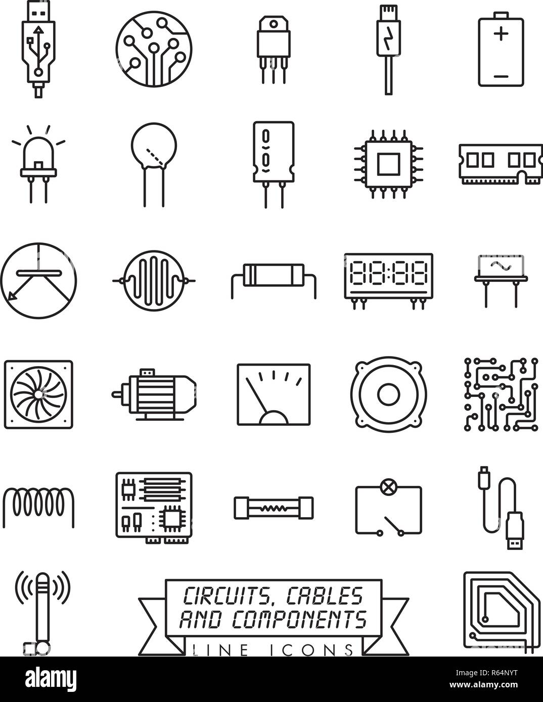 Collection of electronic components, circuits and cables vector line icons. Microtechnology symbols. Stock Vector