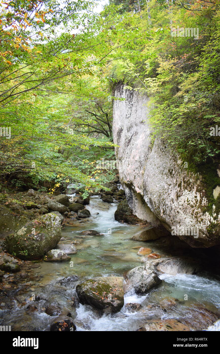 Stream with large boulder over crop Stock Photo