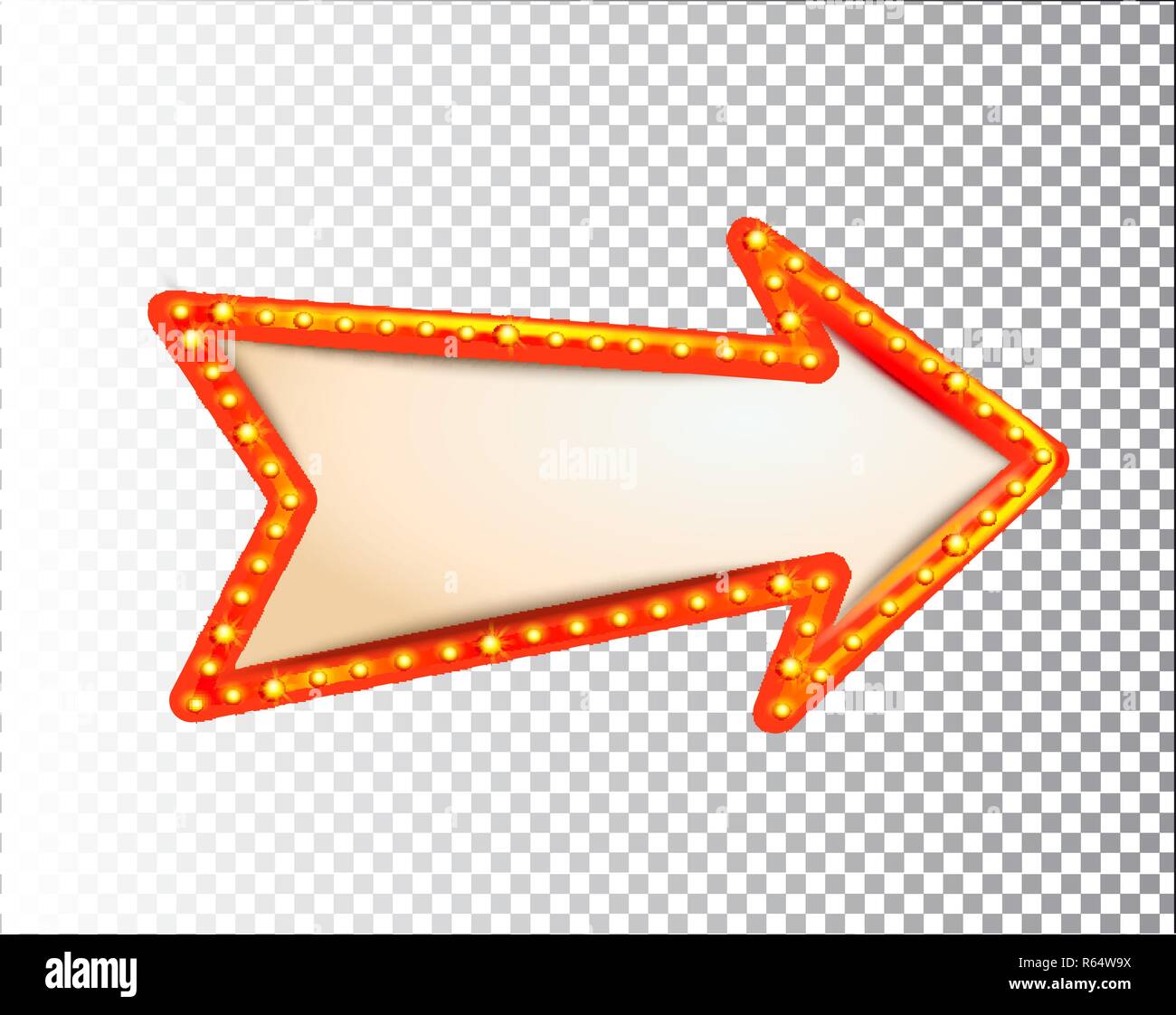 Shining isolated retro bulb light frame arrow on transparent background. Vintage style banner, sign, signboard. Perfect template for shows, casino, ci Stock Vector