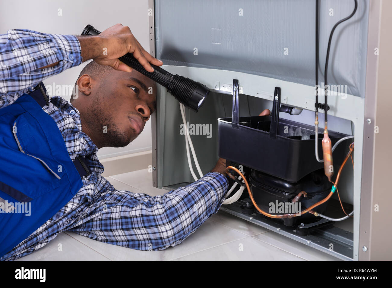 Handyman Checking Refrigerator With Flashlight Stock Photo - Alamy