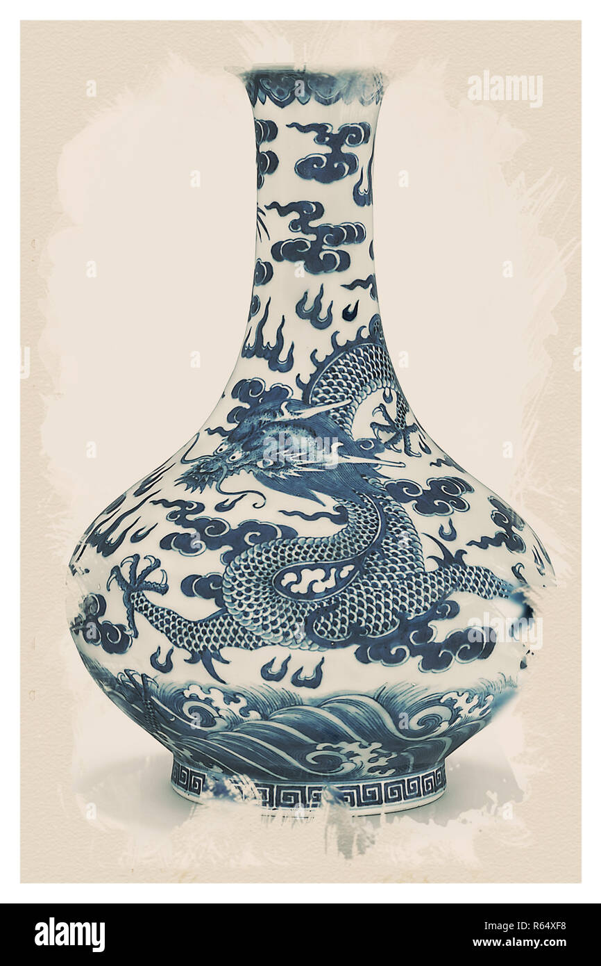 Chinese Chinoiserie Pottery Watercolor Series, No 7 by Adam Asar.jpg - R64XFB Stock Photo
