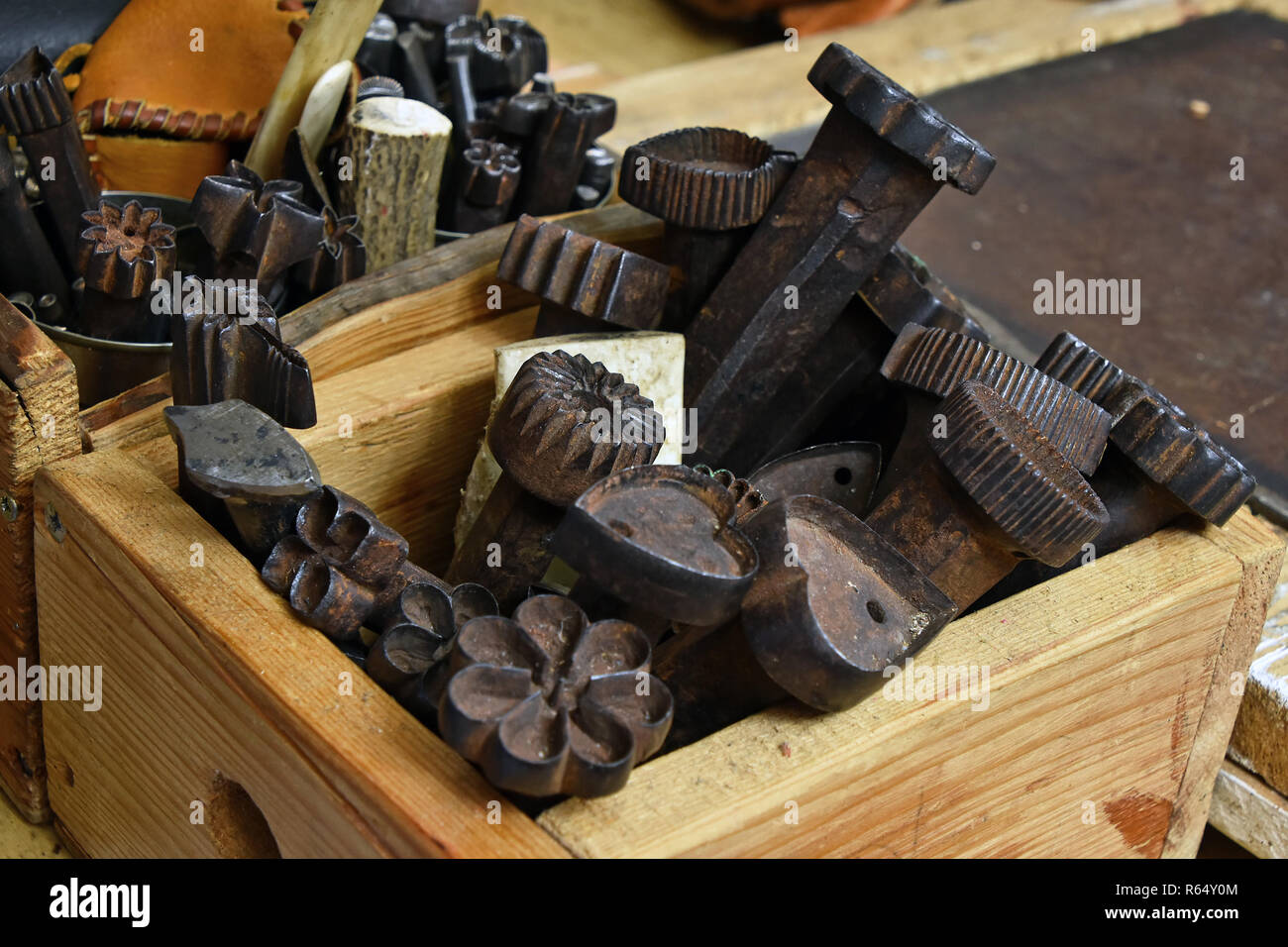 Vintage metal working tools for leathercraft Stock Photo Alamy